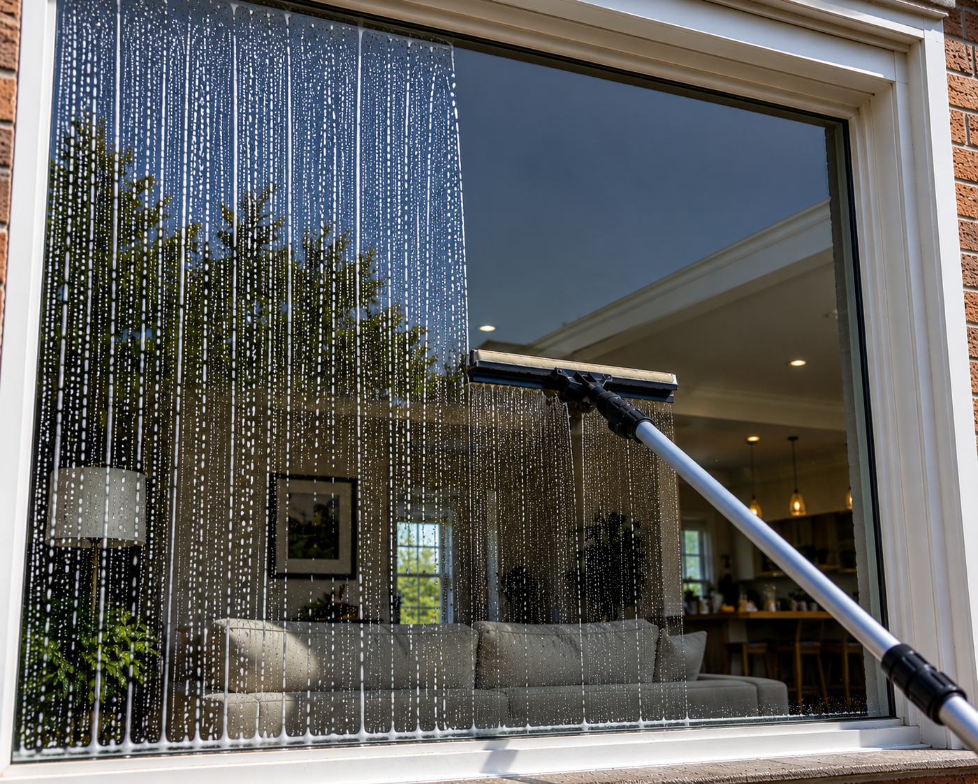 Clean residential windows looking out toward a patio and landscape